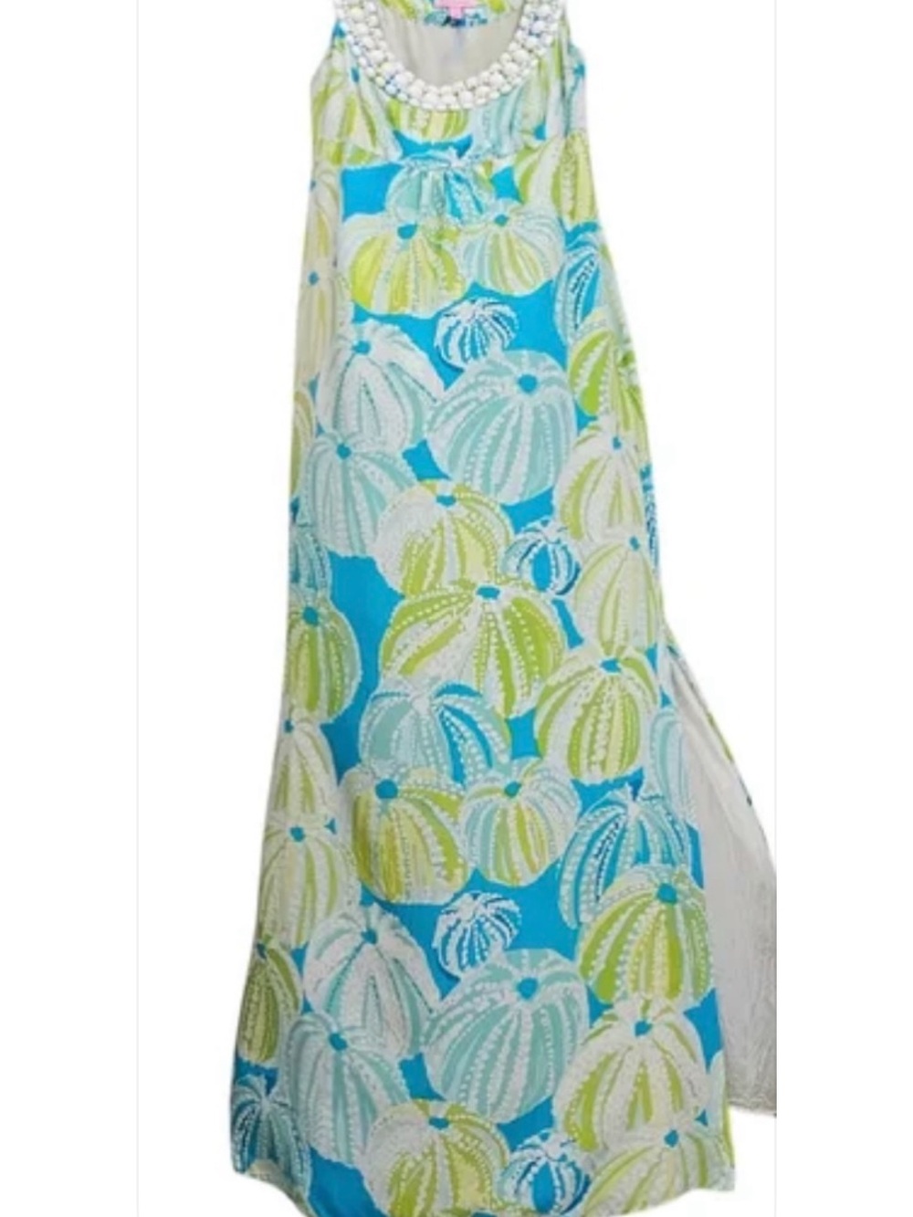 Lilly Pulitzer Resortwear Sea Urchin Aqua Beaded Neckline
Side Slit Maxidress